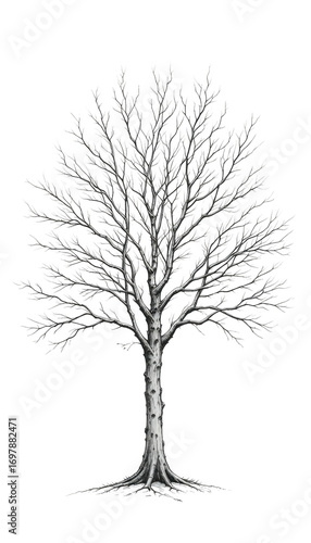 Single bare black winter tree silhouette isolated on white background, a vector illustration of a leafless plant with branches and trunk