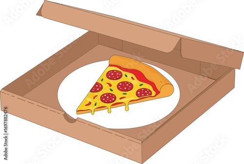 Delicious slice of pepperoni pizza with melted cheese in an open cardboard box
