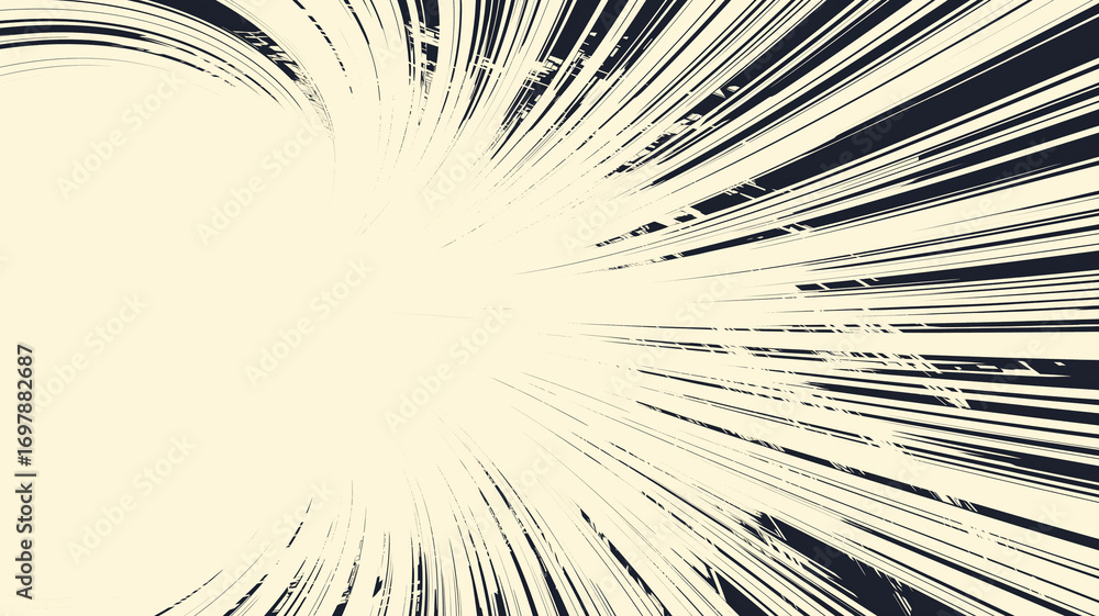 Obraz premium マンガやイラスト表現に最適なカラフルなグラフィック素材、中心から放射状に広がる焦点線を描いたデザイン背景、中央に余白があり文字やアイコンを配置しやすい、汎用性の高い抽象的な放射線イラスト