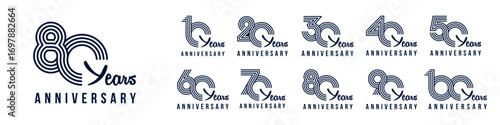 collection anniversary 10 to 100 year logo designs. abstract number for celebration event, wedding, greeting card, and invitation, vector illustration