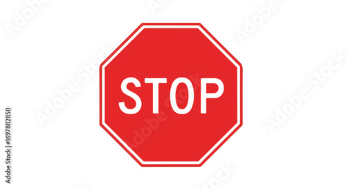 Vibrant red stop sign with bold white lettering on a clean white backdrop, representing halt and adherence, simple and eye-catching warning signage