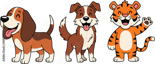 Two happy cartoon dogs and a waving tiger character standing together, cute animal friends vector illustration for kids and pets