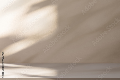 Autumn background in warm sunlight.Beige wall background with natural light shadow leaves on brown shelf.Minimal studio background for product mockup scene,cosmetic branding template,presentation