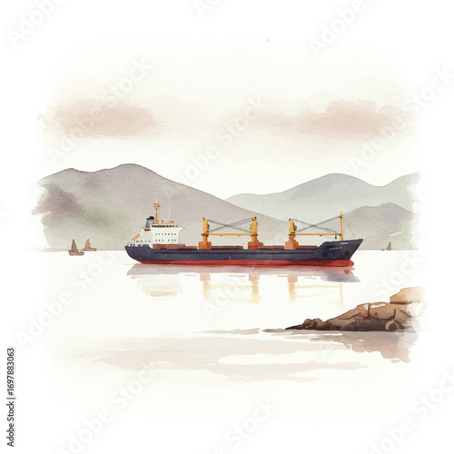 Bay, Majestic cargo ship sails calmly on serene water with distant mountains and sailboats