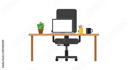Minimalist office setup with laptop, potted plant, coffee, and stationery providing a clean and focused workspace depiction