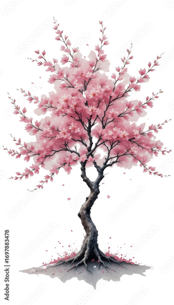 Fototapeta premium Pink cherry blossom branches with leaves and flowers reflect in the water during spring