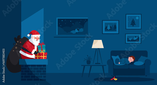 This Flat Design vector illustration portrays Santa Claus quietly delivering Christmas gifts down a chimney into a cozy living room. 
