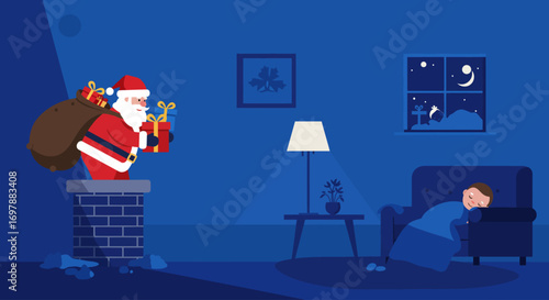 This Flat Design vector illustration portrays Santa Claus quietly delivering Christmas gifts down a chimney into a cozy living room. 