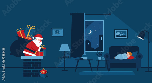 This Flat Design vector illustration portrays Santa Claus quietly delivering Christmas gifts down a chimney into a cozy living room. 