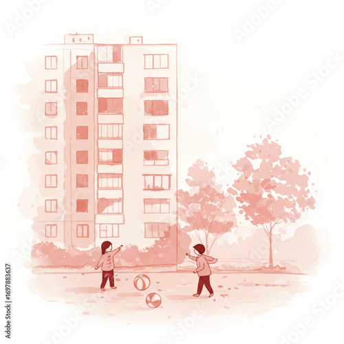 Children playfully tossing balls near apartment building on a sunny day, evoking childhood joy