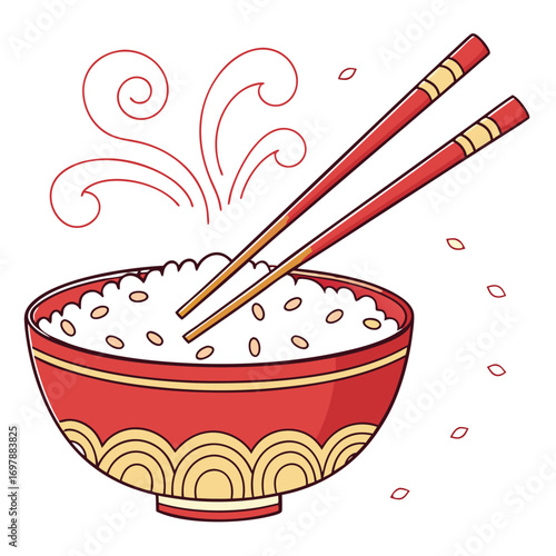 Red bowl with rice and chopsticks food asian food