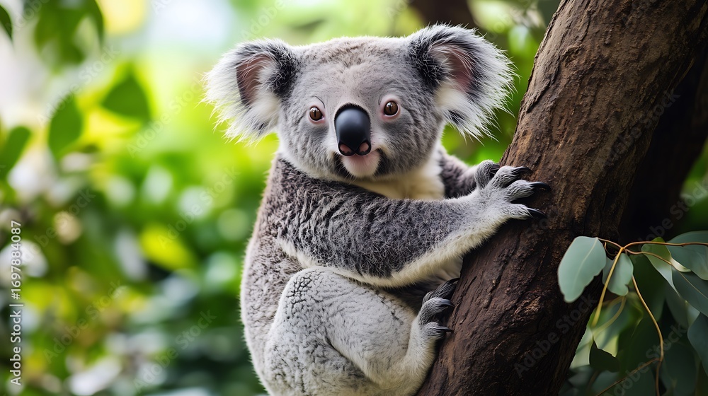Fototapeta premium Photo Featuring a Koala Perched on a Tree Branch, Staring Directly at the Viewer: Gray Fur, Prominent Black Nose, Fluffy Large Ears, Sharp Claws Gripping Rough Bark, Soft Blur of Green Leaves in Backg