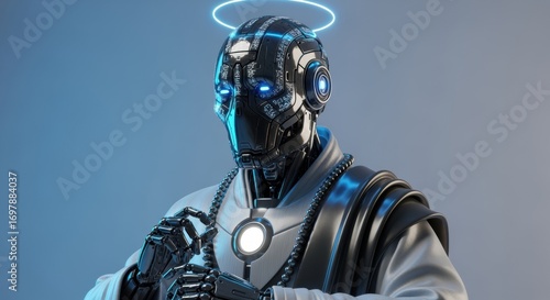 Obraz na plátně AI Monk with Halo and Prayer Beads - Spiritual Robot Meditation