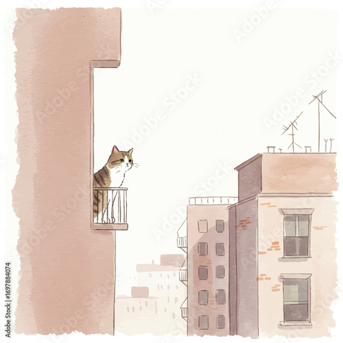 Apartment, Curious tabby cat peeks from balcony overlooking urban cityscape in soft watercolor style