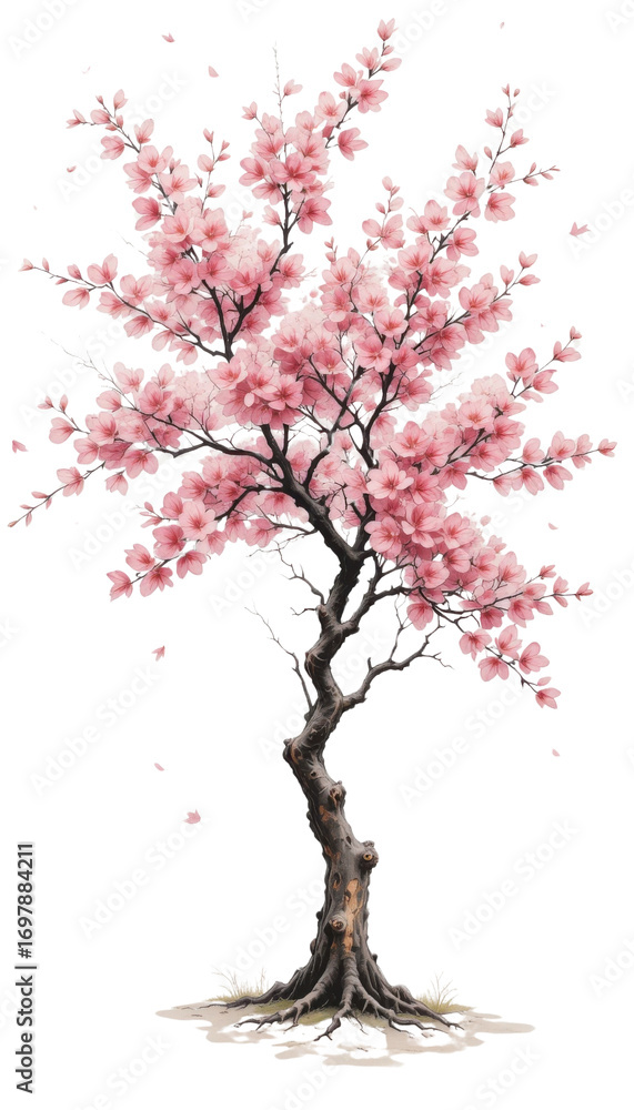 Fototapeta premium Pink cherry blossom branches with leaves and flowers reflect in the water during spring