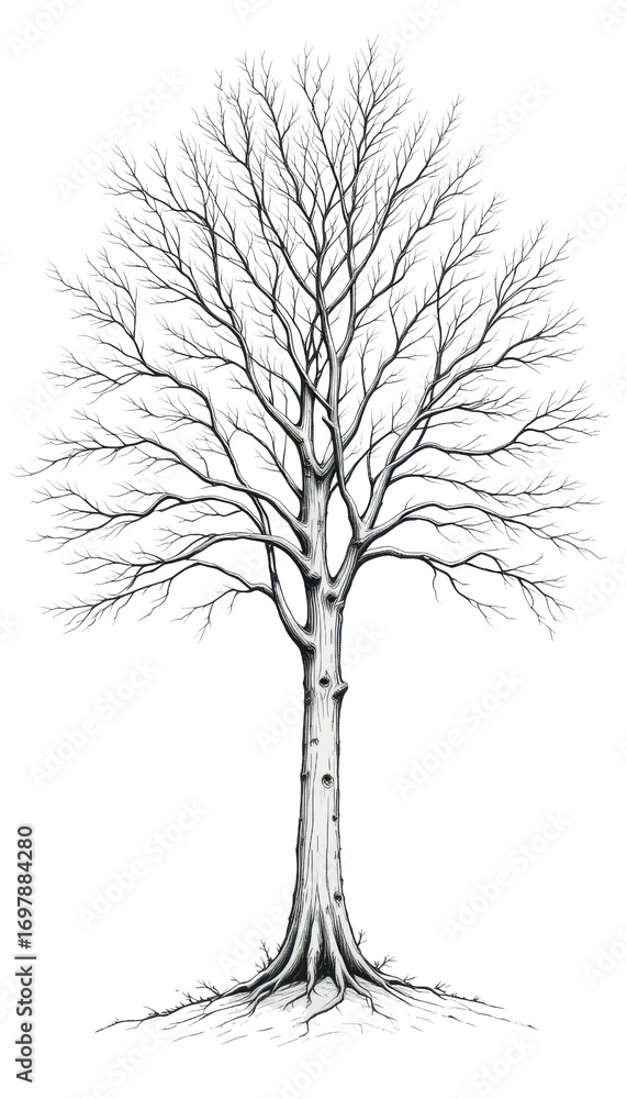 Fototapeta premium Single bare black winter tree silhouette isolated on white background, a vector illustration of a leafless plant with branches and trunk