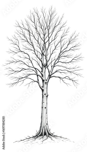 Single bare black winter tree silhouette isolated on white background, a vector illustration of a leafless plant with branches and trunk