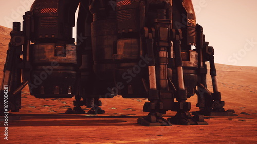 A futuristic Martian base is depicted on the red planets surface, showcasing advanced technology and exploration efforts. The setting emphasizes the rugged terrain and engineering capabilities.