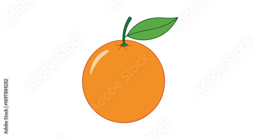 Vibrant and Simple Orange Illustration with Glossy Highlight and a Leaf on a Clean White Background