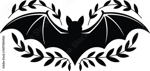 Elegant bat with laurel branches design emblem