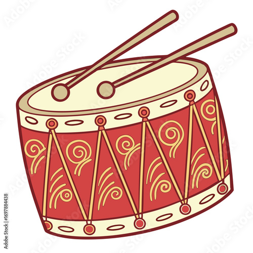 Red drum with mallets and decorative patterns percussion musical instrument