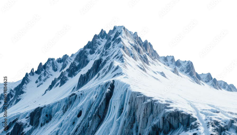 Fototapeta premium Winter snow-covered mountains with a view of a vast, icy glacier under a cloudy alpine sky