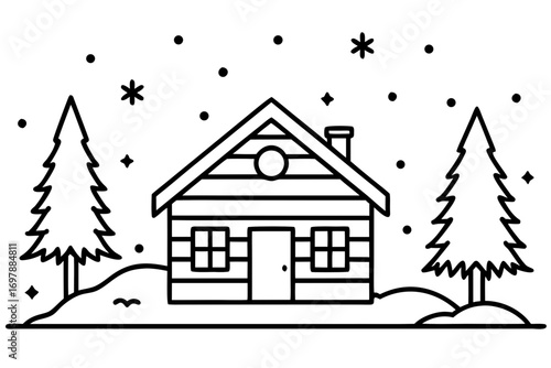 line art Wooden cabin glowing with warm lights in snowy forest vector illustration