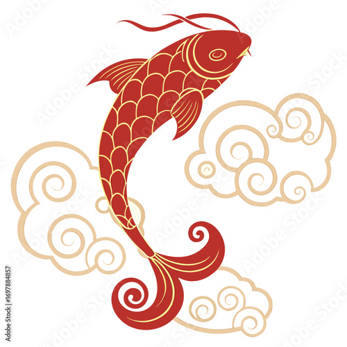 Red fish swimming among stylized clouds carp