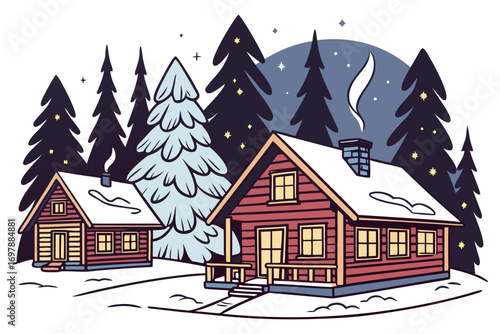 Wooden cabin glowing with warm lights in snowy forest, pine trees covered with snow, starry night sky, cozy winter vector illustration