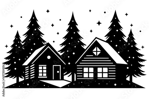 Wooden cabin glowing with warm lights in snowy forest, pine trees covered with snow, starry night sky, cozy winter vector illustration