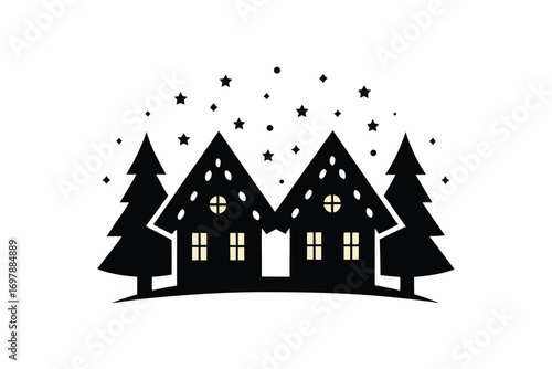Wooden cabin glowing with warm lights in snowy forest vector illustration