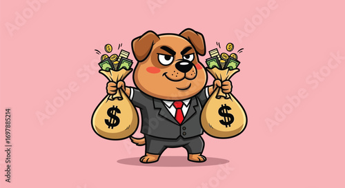 Greedy Dog in a Suit with Bags of Money