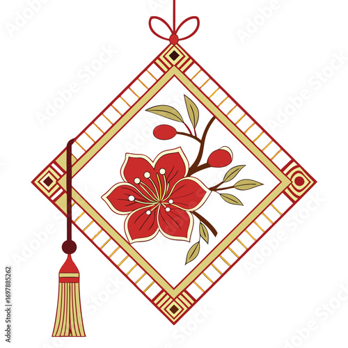 Red flower branch with golden border and tassel leaves berries