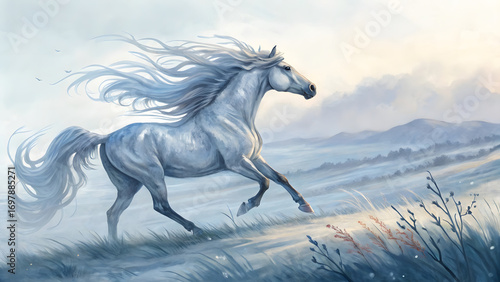horse in fire painting, realistic painting, horse in the snow, horse handmade painting, dynamic abstract painting of a powerful horse in motion, handmade painting, horse painting