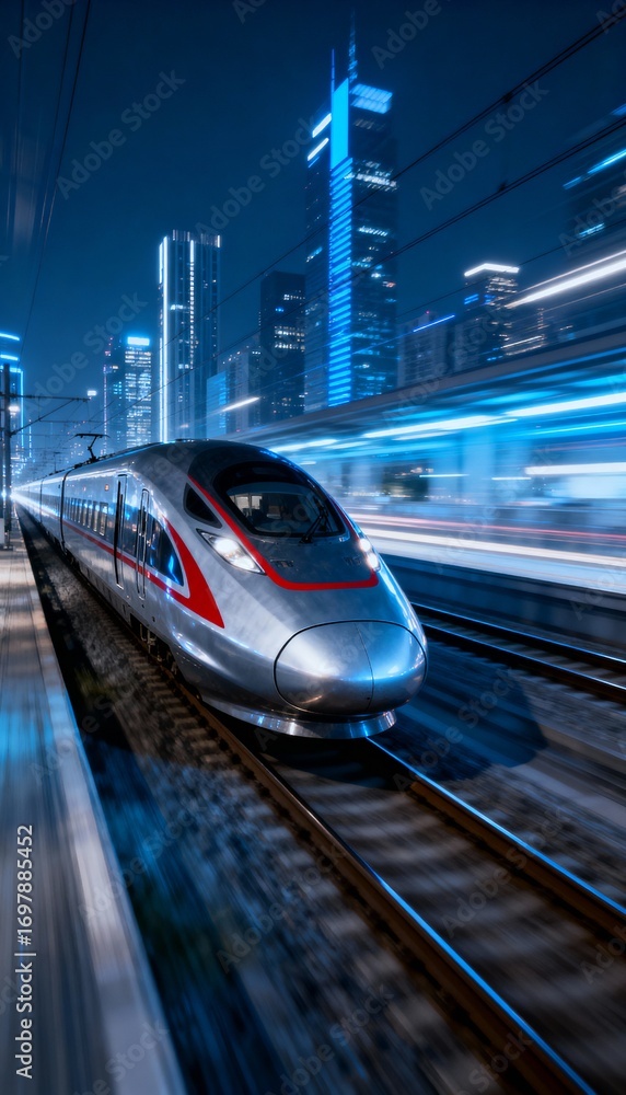 Naklejka premium High-speed train in motion at night through futuristic cityscape