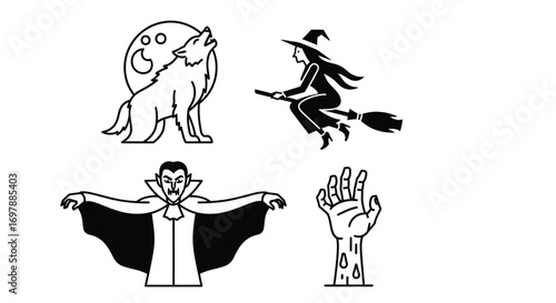 Halloween Icons: Werewolf, Witch, Vampire, and Zombie Hand