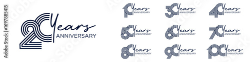 collection anniversary 10 to 100 year logo designs. abstract number for celebration event, wedding, greeting card, and invitation, vector illustration