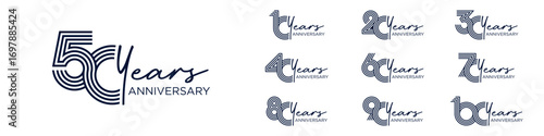 collection anniversary 10 to 100 year logo designs. abstract number for celebration event, wedding, greeting card, and invitation, vector illustration