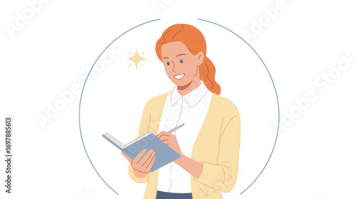 Woman Writing in Notebook with Smiling Face and Sparkles Symbolizing Creativity and Inspiration for Educational Content