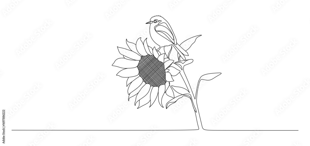 Naklejka premium Minimalist continuous line drawing of a small bird perched on a blooming sunflower
