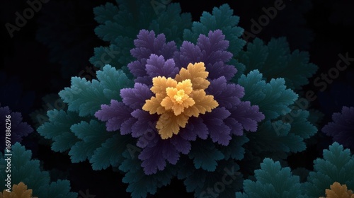 Intricate fractal design showcases vibrant colors and layered fl