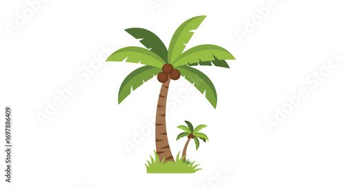 Stylized coconut palm tree illustration with smaller tree, isolated against a clean white background for versatile design applications