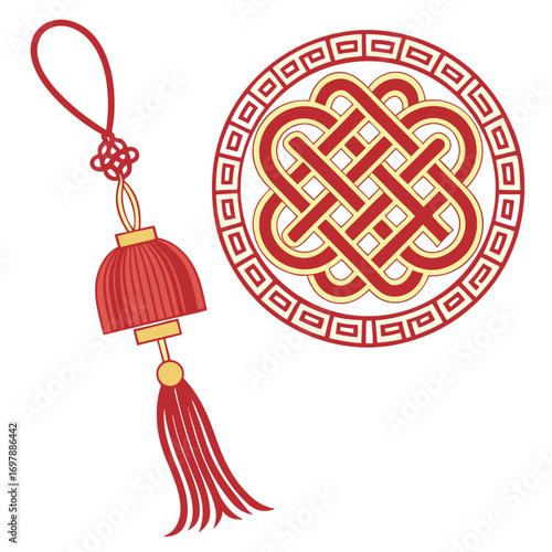 Red tassel ornament and intricate knot design gold