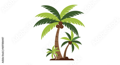 Stylized vector illustration featuring a small grove of coconut palm trees on a white background that evokes tropical vacations and sunny landscapes