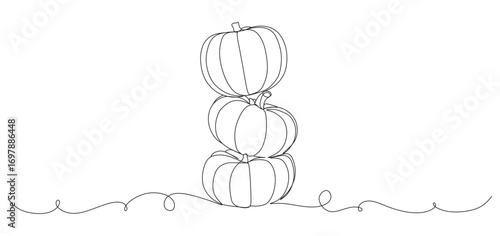 Minimalist continuous line drawing of three stacked pumpkins with curling vines at the base. The simple contour design highlights the natural shape of pumpkins, making it ideal for autumn, harvest