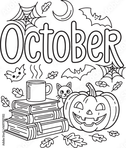 October Halloween theme with pumpkin books cat bats and moon jackolantern