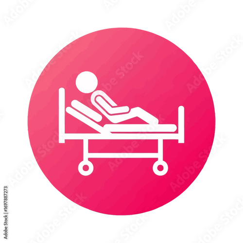 Vector art of patient lying in hospital bed icon on pink textured circle background