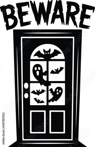 Spooky Halloween door with bats and ghosts