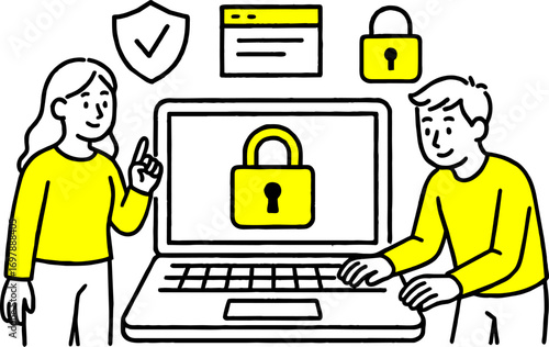 Cyber security concept with people situation in flat web design.  scene of password access, protect personal data. Vector illustrations for social media banner, marketing material