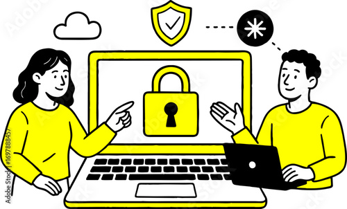 Cyber security concept with people situation in flat web design.  scene of password access, protect personal data. Vector illustrations for social media banner, marketing material